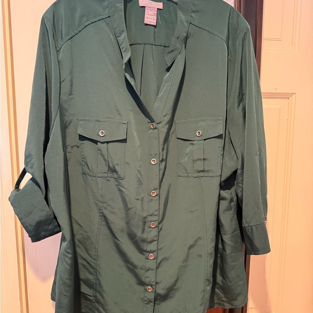 Laura Scott emeraldGreen Blouse with Roll-Up Sleeves 20-22w
